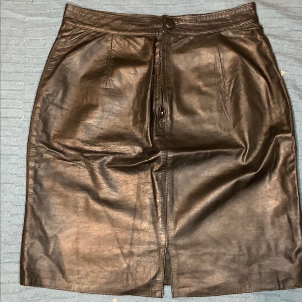 Black leather midi skirt